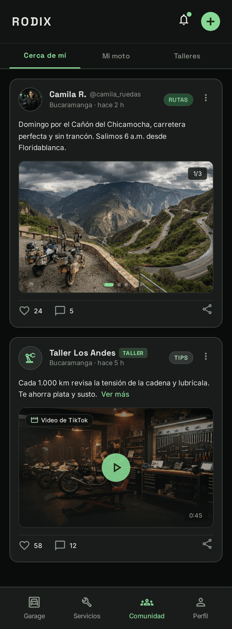 Pantalla Comunidad de la app de Rodix