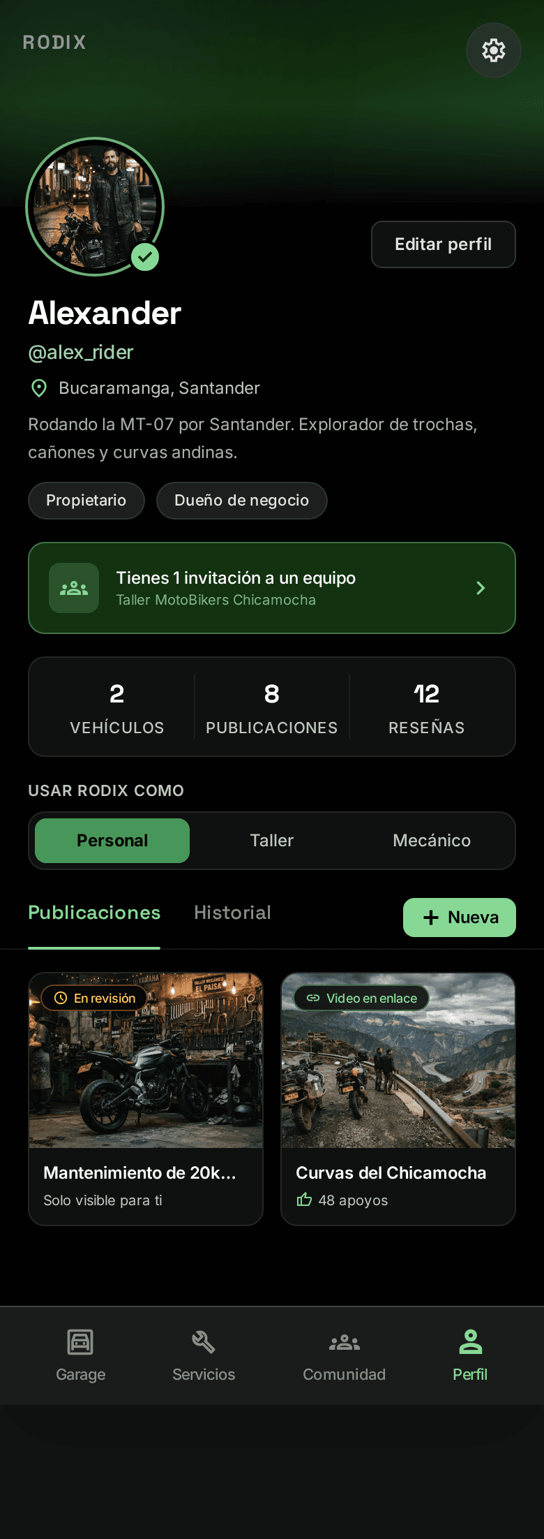 Pantalla Perfil de la app de Rodix