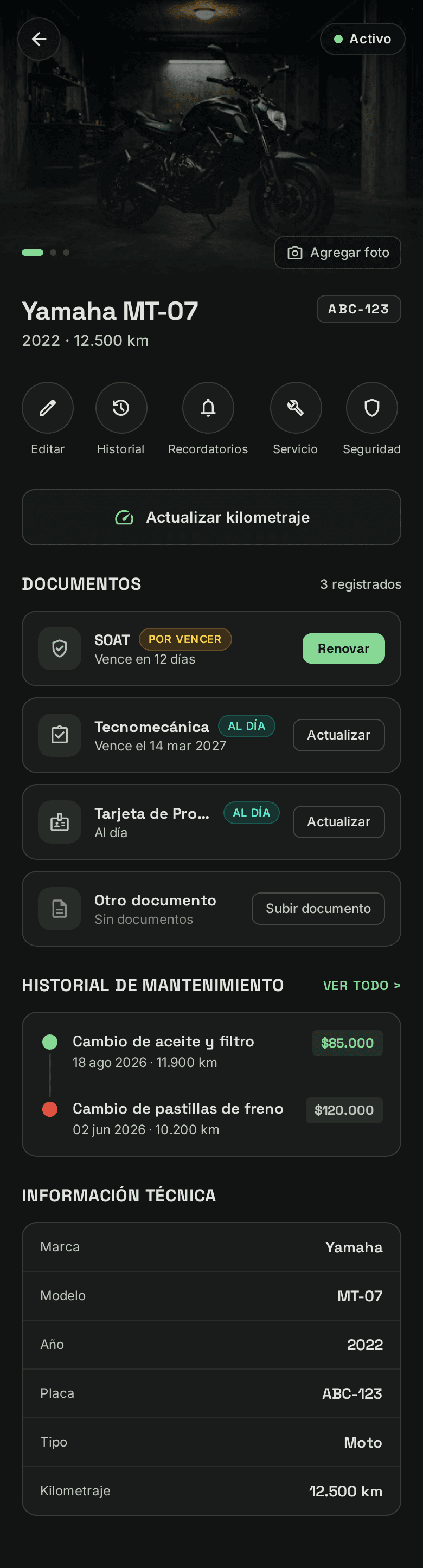 Pantalla Mi moto de la app de Rodix